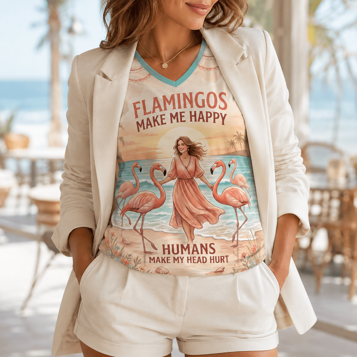 Flamingo V-Neck Shirt for Women, Tropical Beach T-Shirt, Pink Flamingo Tee, Funny Coastal Summer Shirt, Flamingo Lover Gift - FlamingoAholic