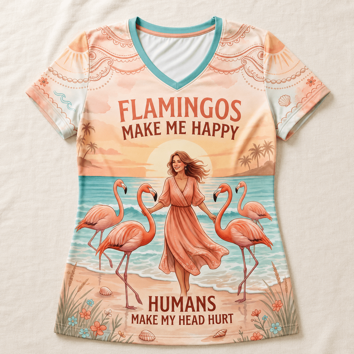 Flamingo V-Neck Shirt for Women, Tropical Beach T-Shirt, Pink Flamingo Tee, Funny Coastal Summer Shirt, Flamingo Lover Gift - FlamingoAholic