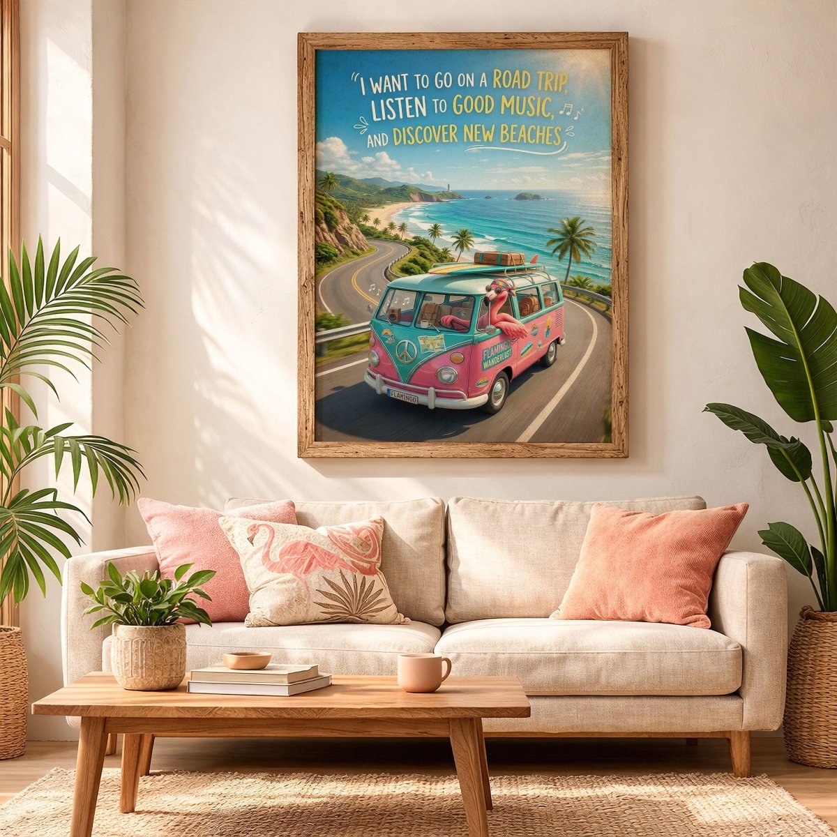 Flamingo Wanderlust Road Trip Poster – Pink Beach Travel Wall Art - FlamingoAholic