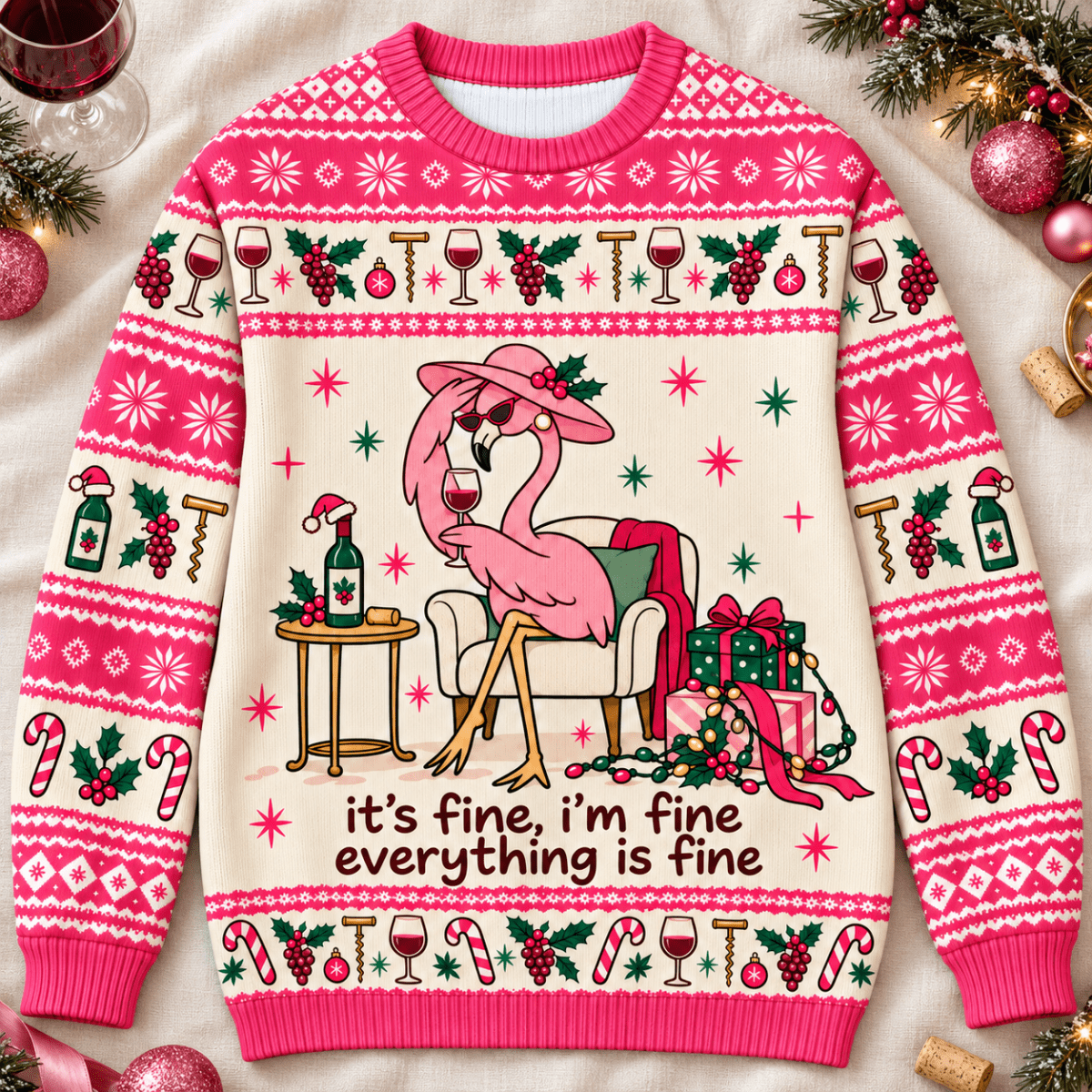 Flamingo Wine Christmas Knitted Sweater & Cardigan – It's Fine - FlamingoAholic