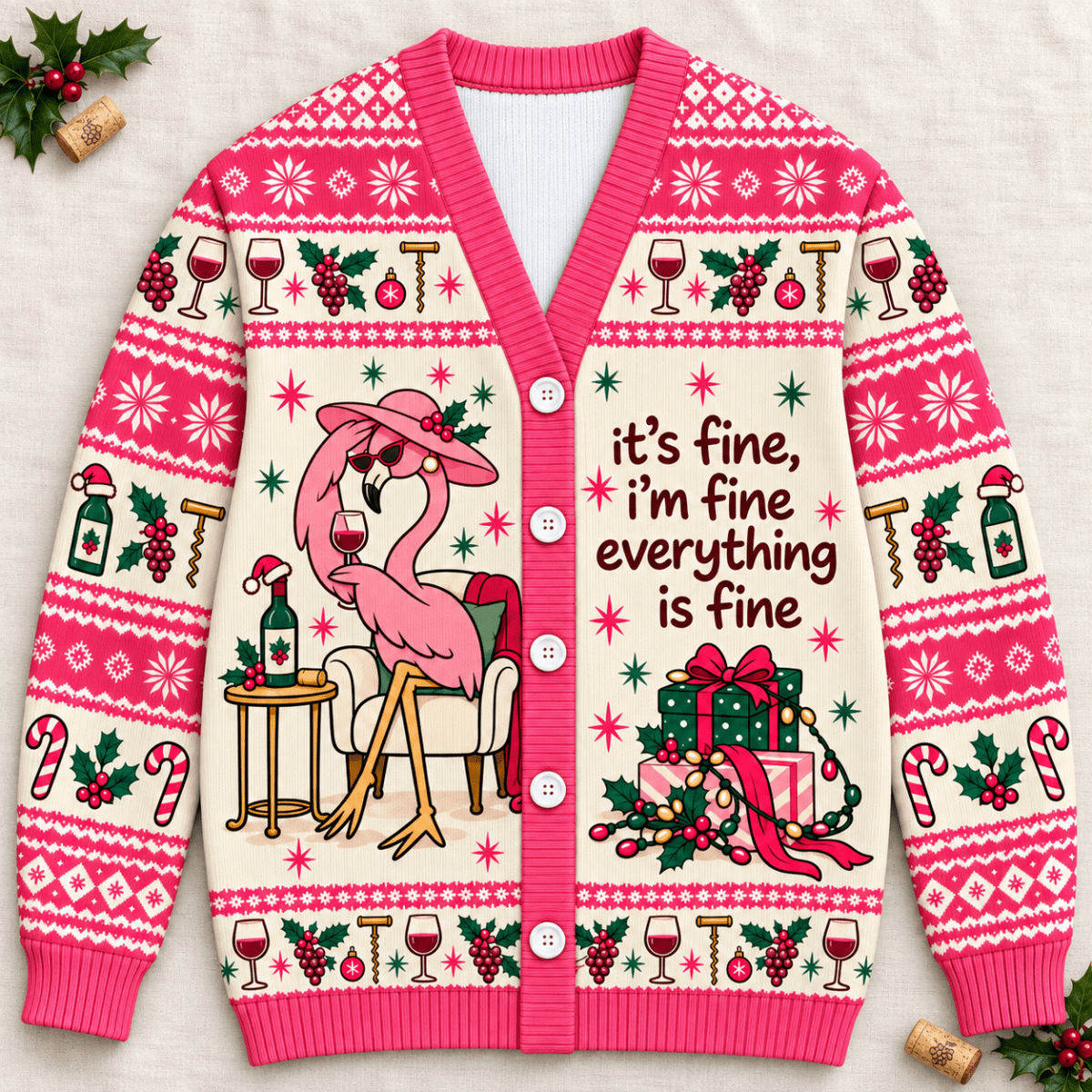 Flamingo Wine Christmas Knitted Sweater & Cardigan – It's Fine - FlamingoAholic
