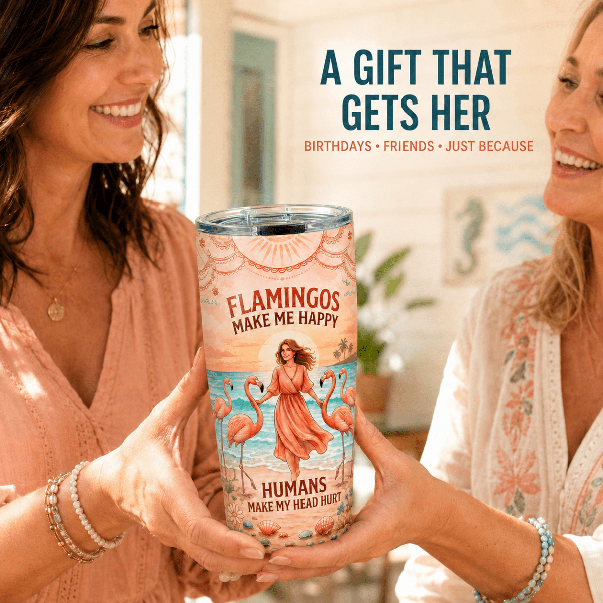 Flamingos Make Me Happy 20oz Tumbler, Funny Flamingo Stainless Steel Tumbler, Beach Lover Insulated Travel Cup for Women - FlamingoAholic