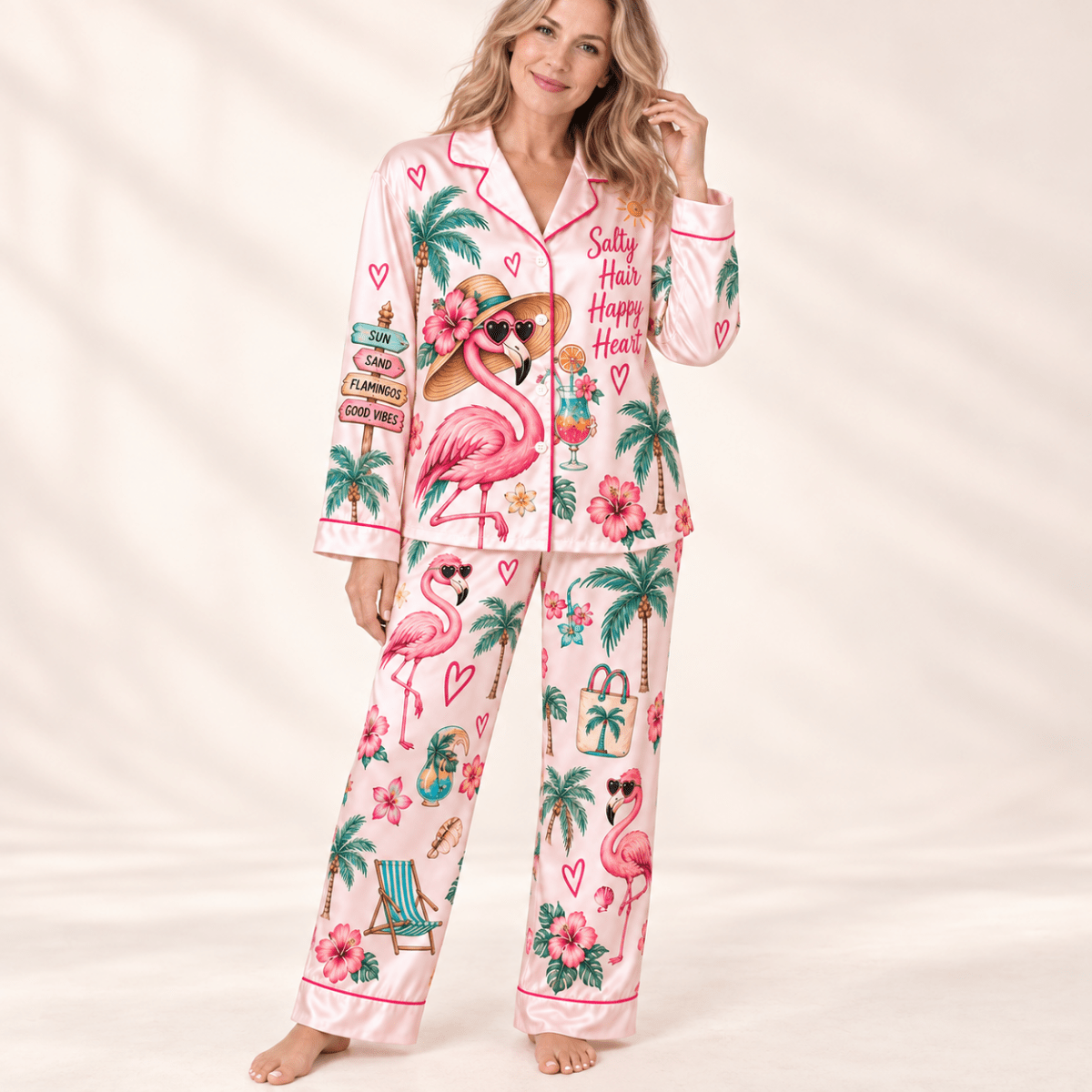 Florida Salty Hair Happy Heart Flamingo Satin Pajama Set for Women - FlamingoAholic