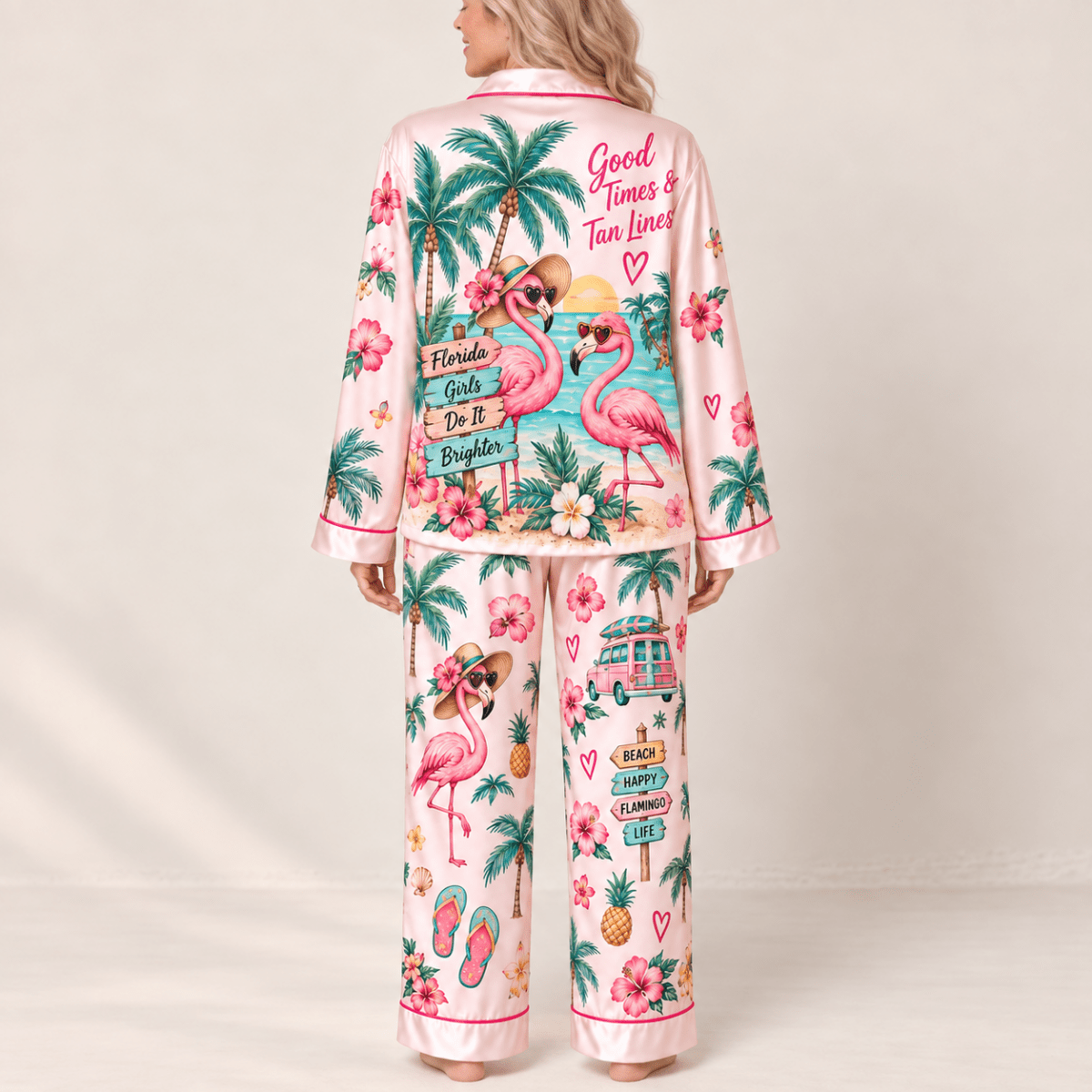 Florida Salty Hair Happy Heart Flamingo Satin Pajama Set for Women - FlamingoAholic