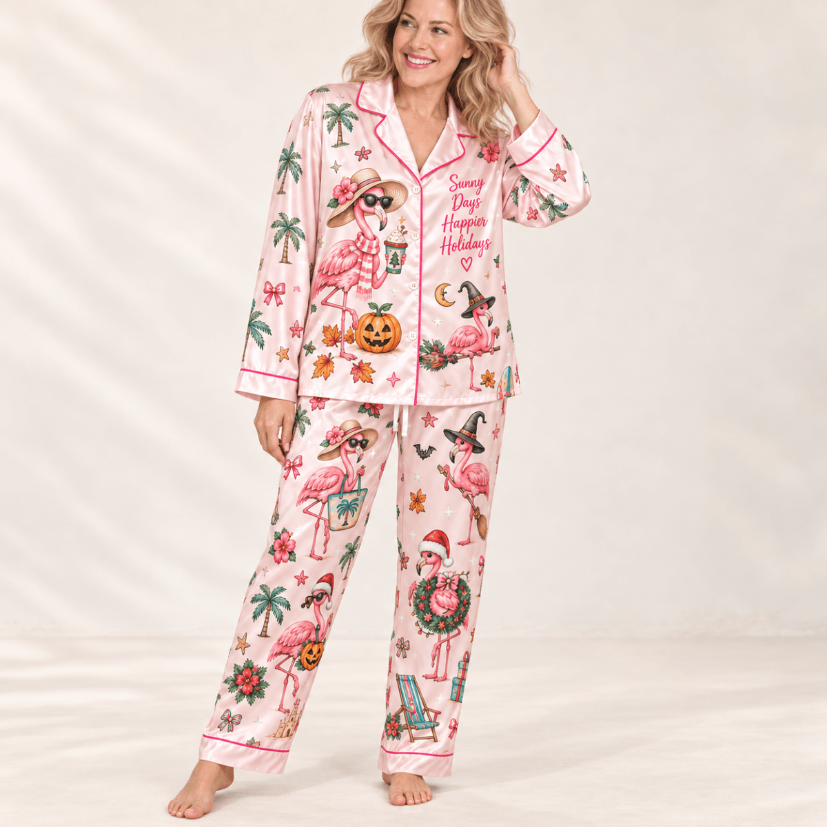 Florida Sunny Days Happier Holidays Flamingo Satin Pajama Set for Women - FlamingoAholic