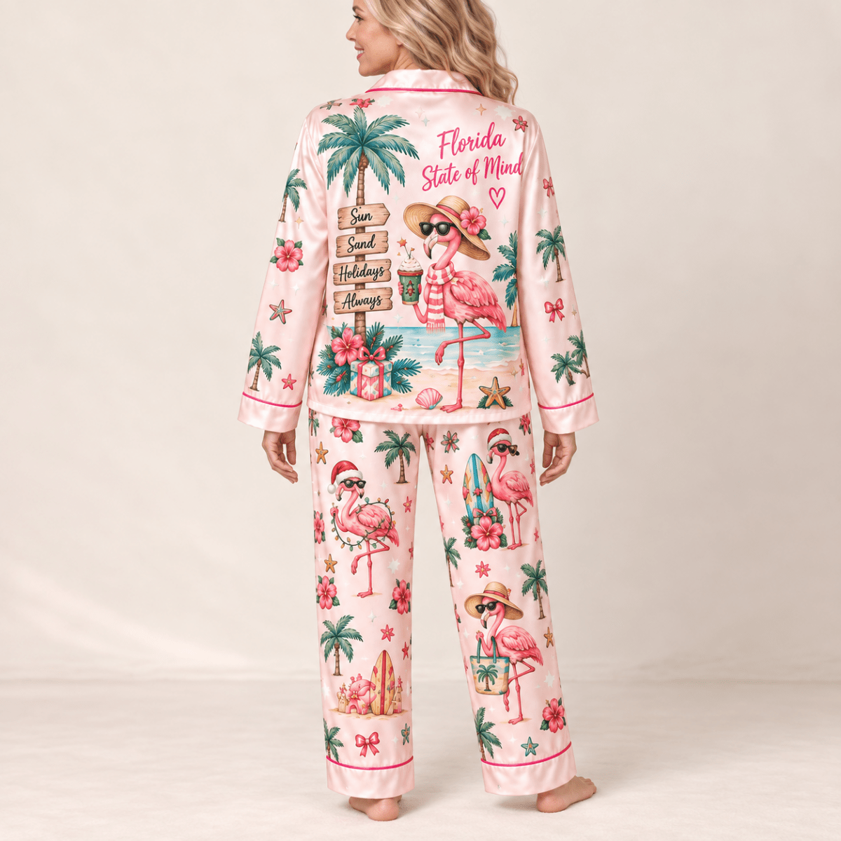 Florida Sunny Days Happier Holidays Flamingo Satin Pajama Set for Women - FlamingoAholic