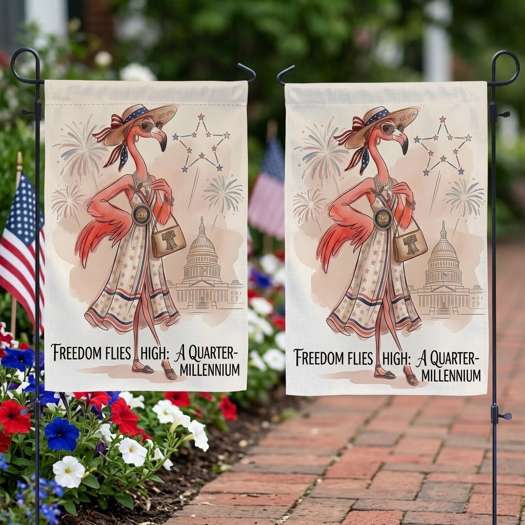 Freedom Flies High A Quarter-Millennium Flamingo July 4th Garden Flag - FlamingoAholic