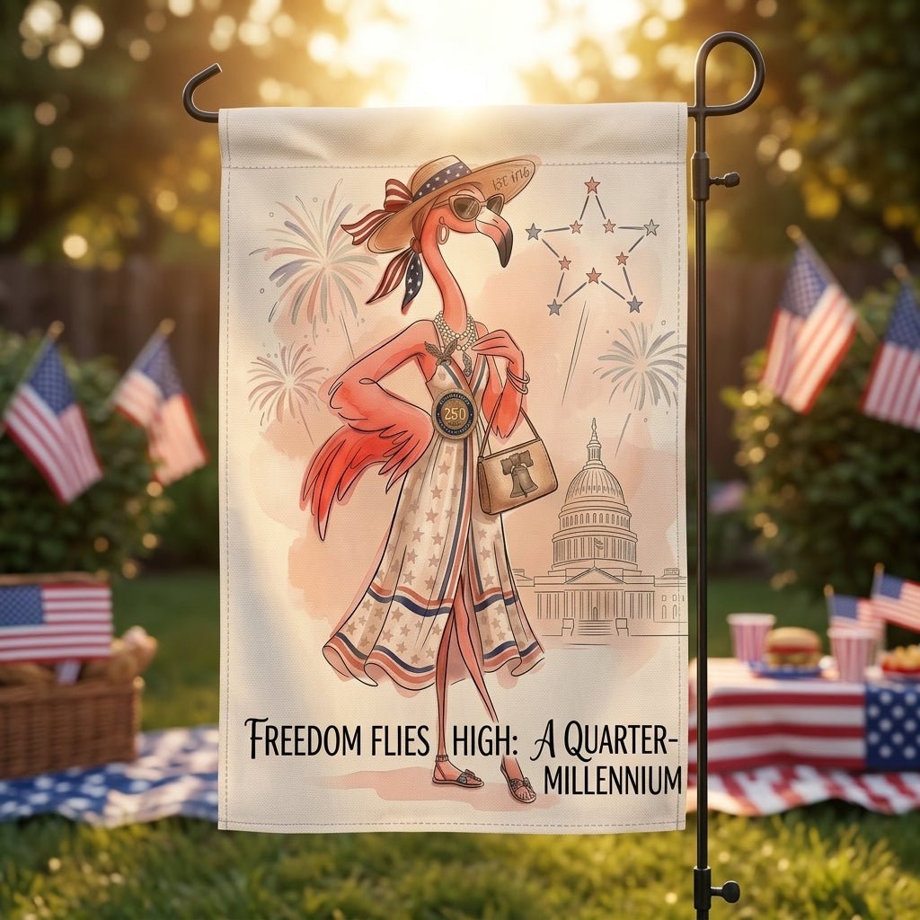 Freedom Flies High A Quarter-Millennium Flamingo July 4th Garden Flag - FlamingoAholic
