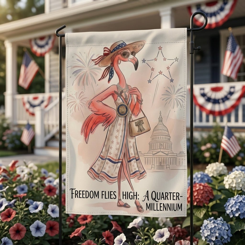 Freedom Flies High A Quarter-Millennium Flamingo July 4th Garden Flag - FlamingoAholic