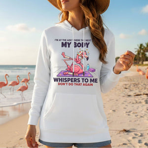 Funny Aging Recovery Flamingo T-Shirt – "My Body Whispers Don't Do That Again" Middle Age Humor Tee - FlamingoAholic