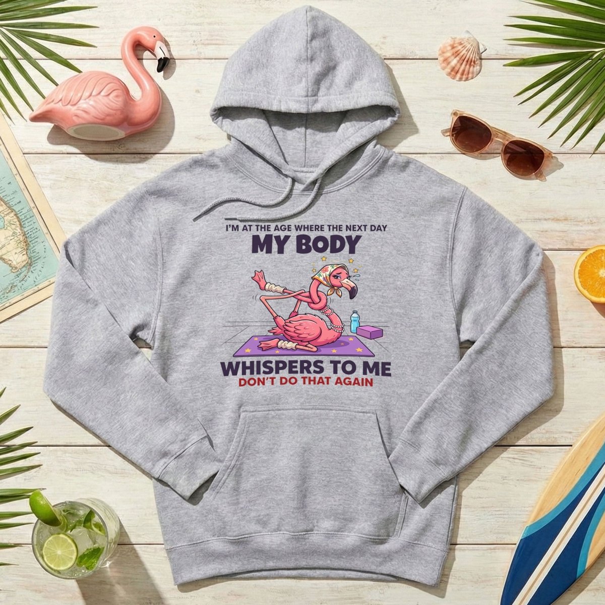 Funny Aging Recovery Flamingo T-Shirt – "My Body Whispers Don't Do That Again" Middle Age Humor Tee - FlamingoAholic
