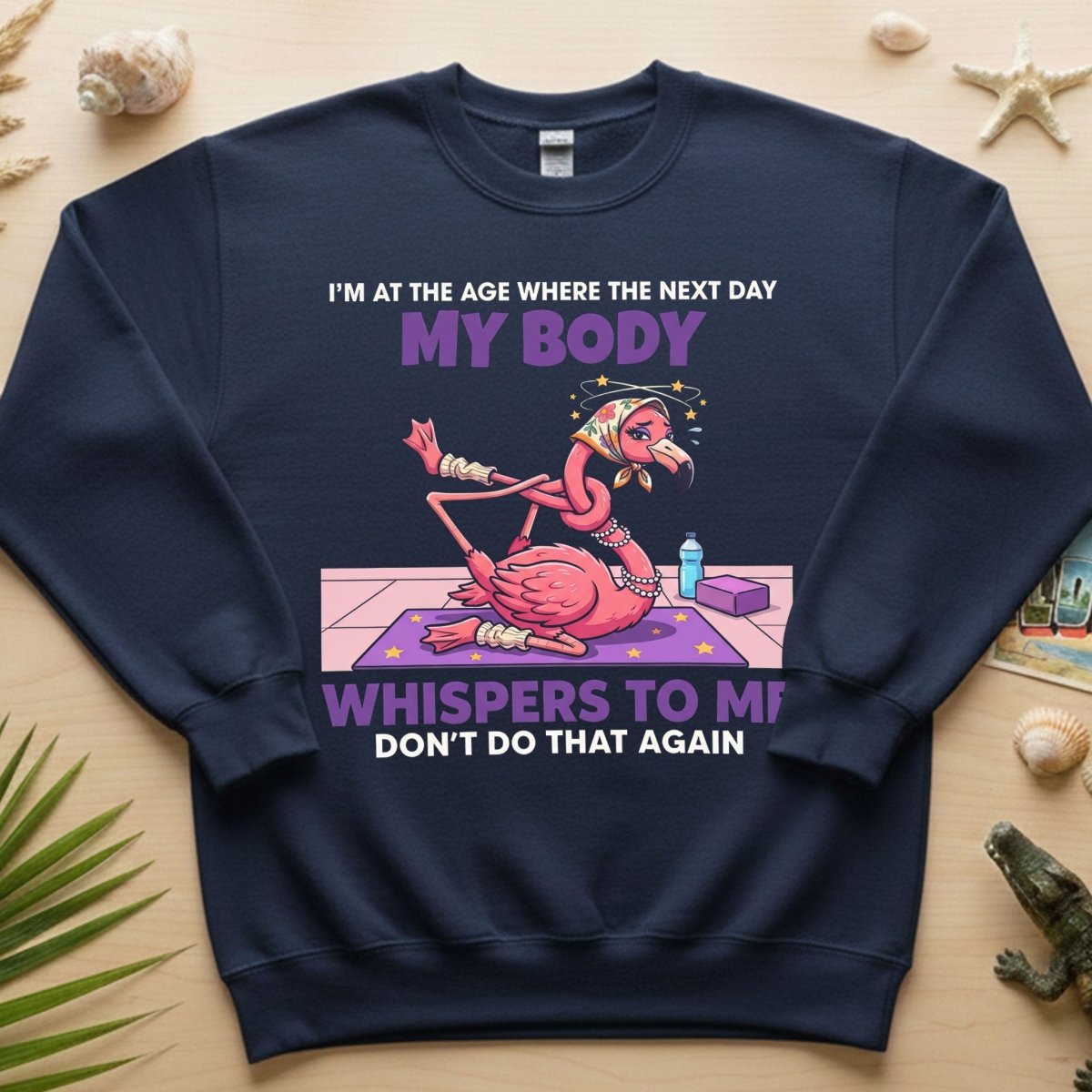 Funny Aging Recovery Flamingo T-Shirt – "My Body Whispers Don't Do That Again" Middle Age Humor Tee - FlamingoAholic