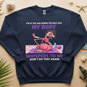 Funny Aging Recovery Flamingo T-Shirt – "My Body Whispers Don't Do That Again" Middle Age Humor Tee - FlamingoAholic