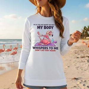 Funny Aging Recovery Flamingo T-Shirt – "My Body Whispers Don't Do That Again" Middle Age Humor Tee - FlamingoAholic