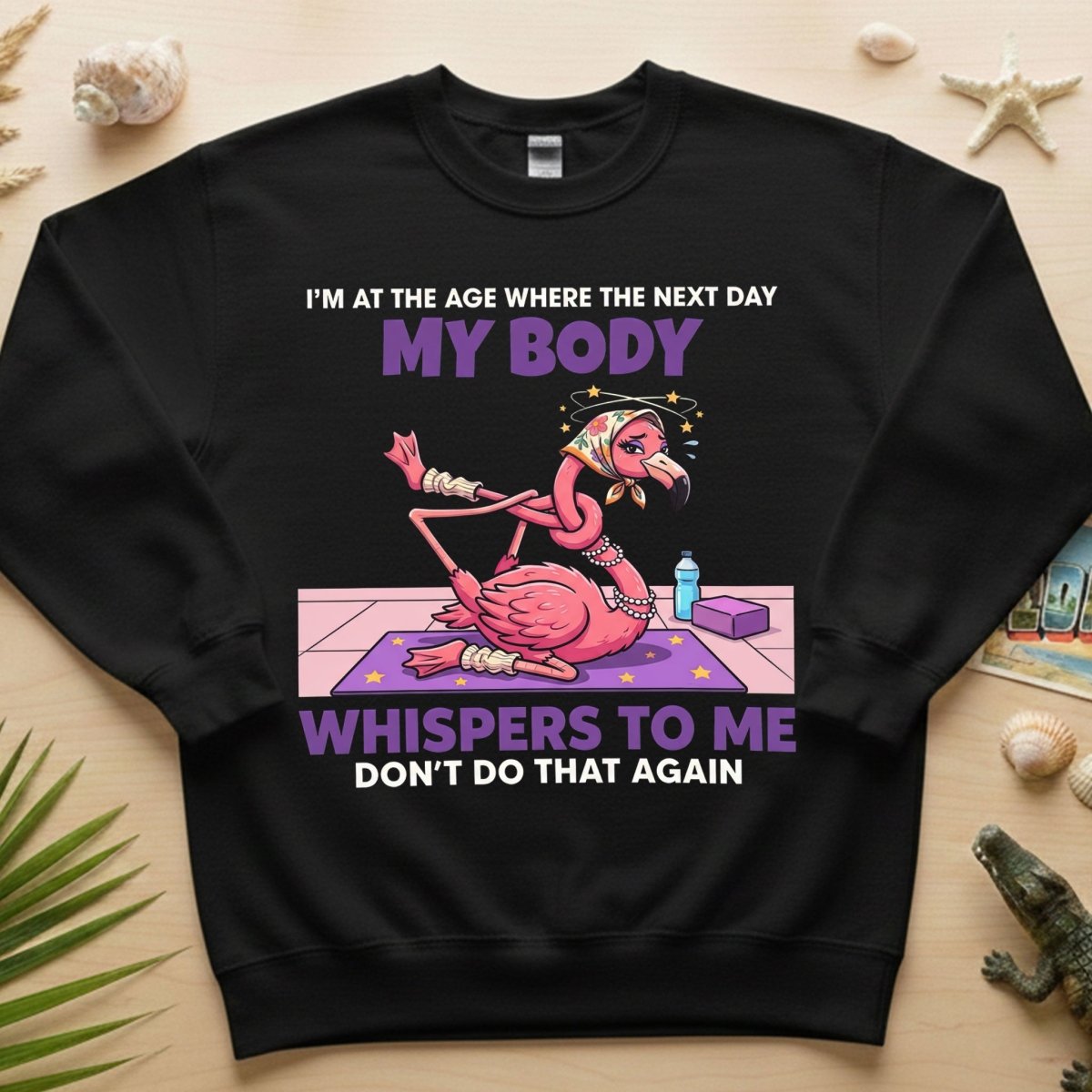 Funny Aging Recovery Flamingo T-Shirt – "My Body Whispers Don't Do That Again" Middle Age Humor Tee - FlamingoAholic
