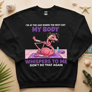 Funny Aging Recovery Flamingo T-Shirt – "My Body Whispers Don't Do That Again" Middle Age Humor Tee - FlamingoAholic