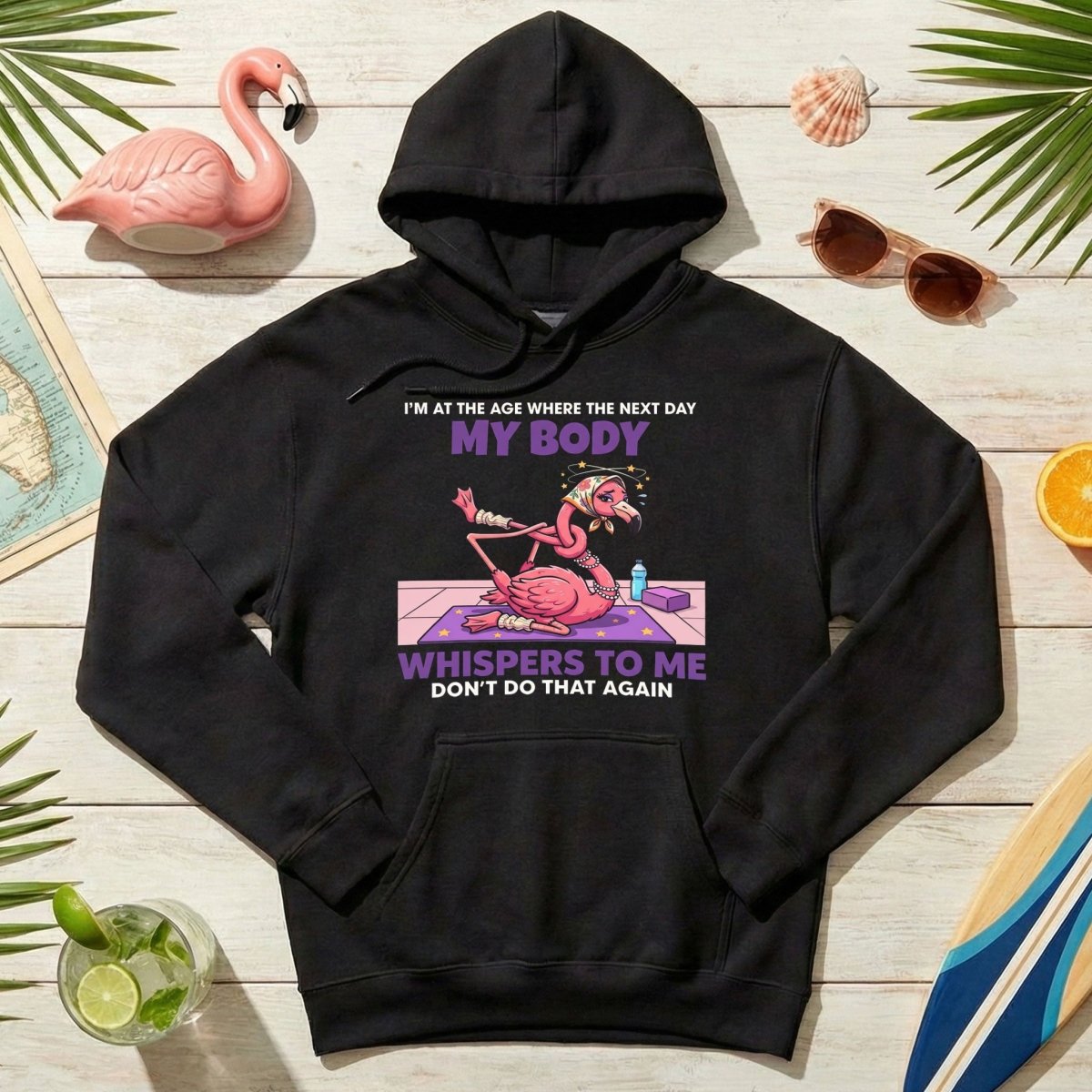 Funny Aging Recovery Flamingo T-Shirt – "My Body Whispers Don't Do That Again" Middle Age Humor Tee - FlamingoAholic