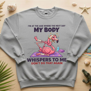 Funny Aging Recovery Flamingo T-Shirt – "My Body Whispers Don't Do That Again" Middle Age Humor Tee - FlamingoAholic