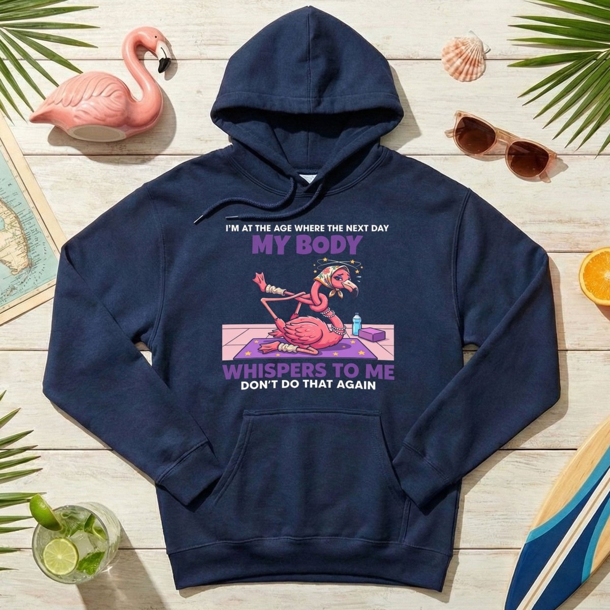 Funny Aging Recovery Flamingo T-Shirt – "My Body Whispers Don't Do That Again" Middle Age Humor Tee - FlamingoAholic