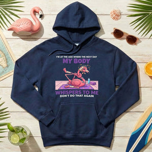 Funny Aging Recovery Flamingo T-Shirt – "My Body Whispers Don't Do That Again" Middle Age Humor Tee - FlamingoAholic