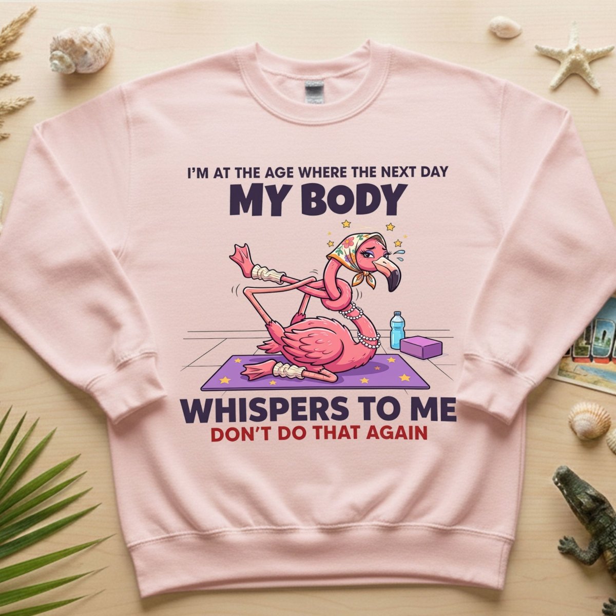 Funny Aging Recovery Flamingo T-Shirt – "My Body Whispers Don't Do That Again" Middle Age Humor Tee - FlamingoAholic