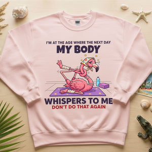 Funny Aging Recovery Flamingo T-Shirt – "My Body Whispers Don't Do That Again" Middle Age Humor Tee - FlamingoAholic