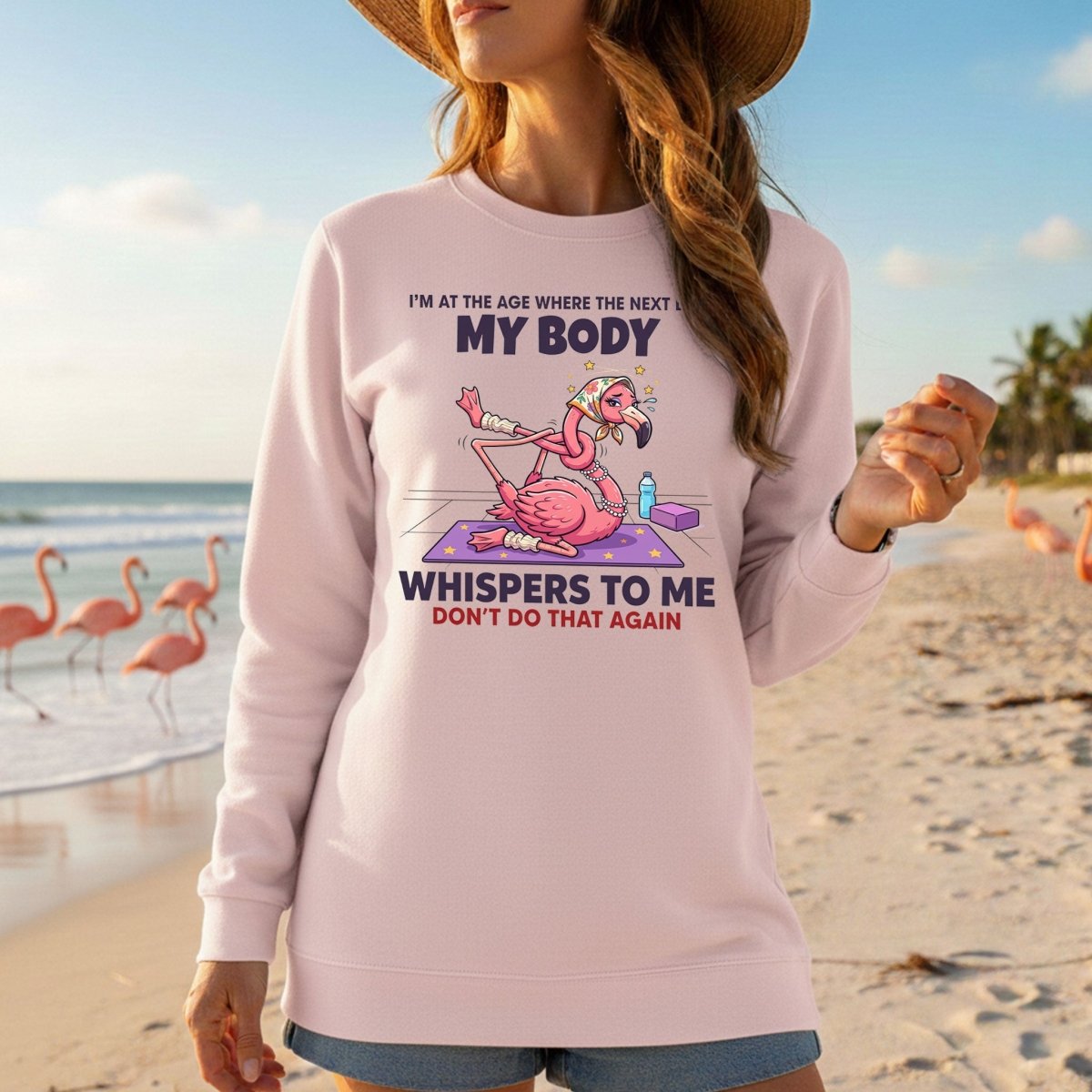 Funny Aging Recovery Flamingo T-Shirt – "My Body Whispers Don't Do That Again" Middle Age Humor Tee - FlamingoAholic