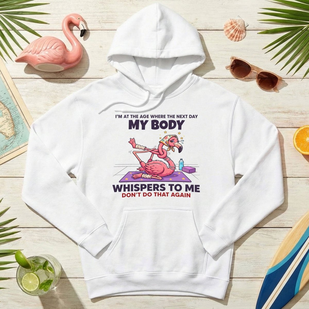 Funny Aging Recovery Flamingo T-Shirt – "My Body Whispers Don't Do That Again" Middle Age Humor Tee - FlamingoAholic