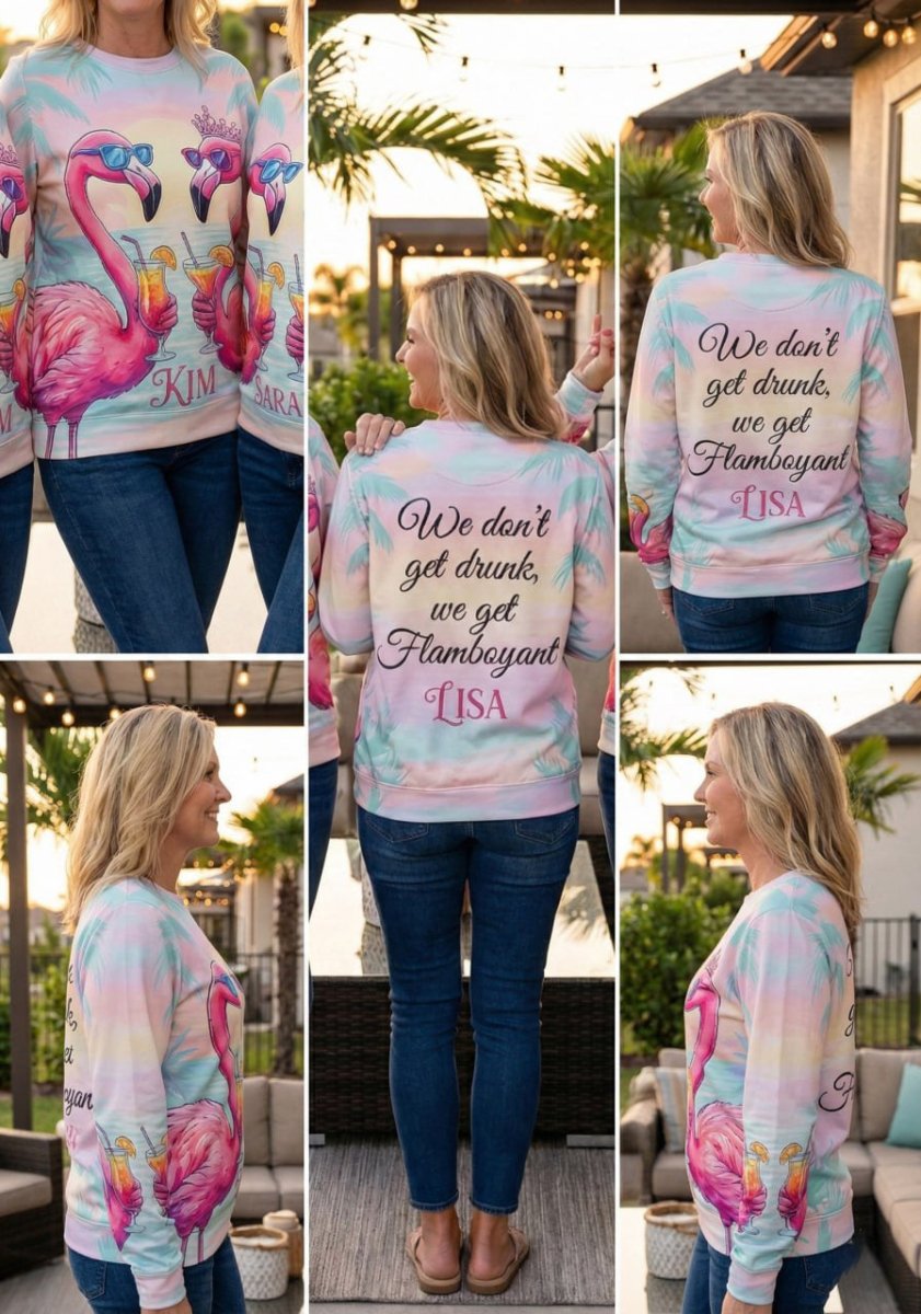 Funny Flamboyant Personalized Flamingo Sweatshirt - Custom Girls Trip Wine & Friends Gift - FlamingoAholic