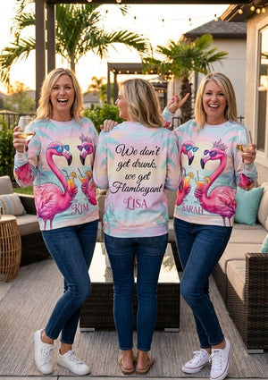 Funny Flamboyant Personalized Flamingo Sweatshirt - Custom Girls Trip Wine & Friends Gift - FlamingoAholic