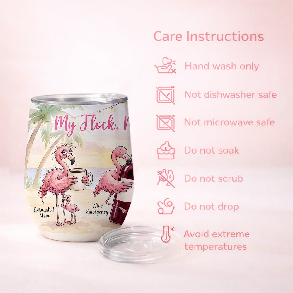 Funny Flamingo Wine Tumbler - My Flock My People My Therapy - Insulated Mom Gift - FlamingoAholic