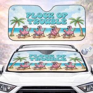 Funny "Flock of Trouble" Flamingo Car Sun Shade - Tropical Auto Windshield Protection - FlamingoAholic