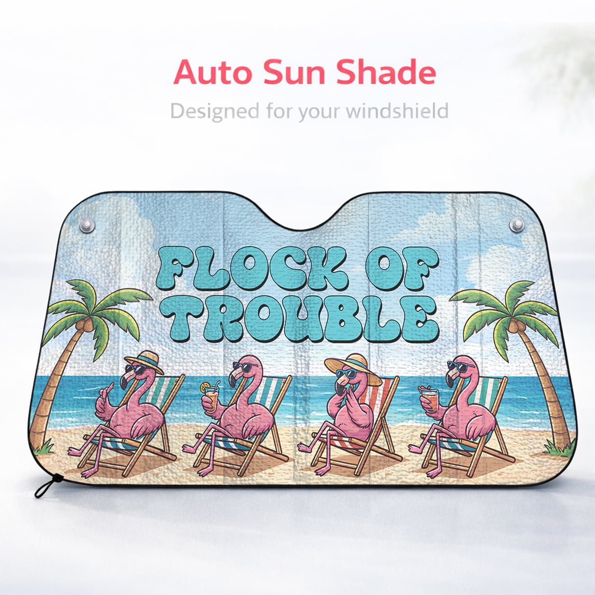 Funny "Flock of Trouble" Flamingo Car Sun Shade - Tropical Auto Windshield Protection - FlamingoAholic
