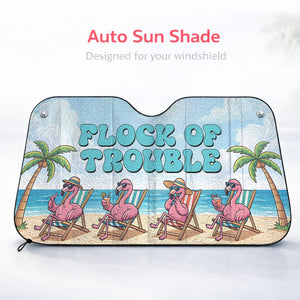 Funny "Flock of Trouble" Flamingo Car Sun Shade - Tropical Auto Windshield Protection - FlamingoAholic