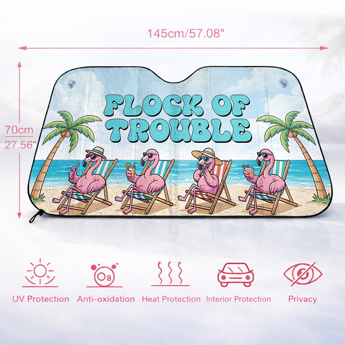 Funny "Flock of Trouble" Flamingo Car Sun Shade - Tropical Auto Windshield Protection - FlamingoAholic