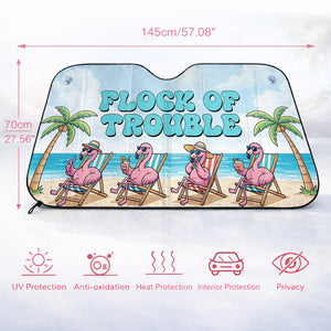 Funny "Flock of Trouble" Flamingo Car Sun Shade - Tropical Auto Windshield Protection - FlamingoAholic
