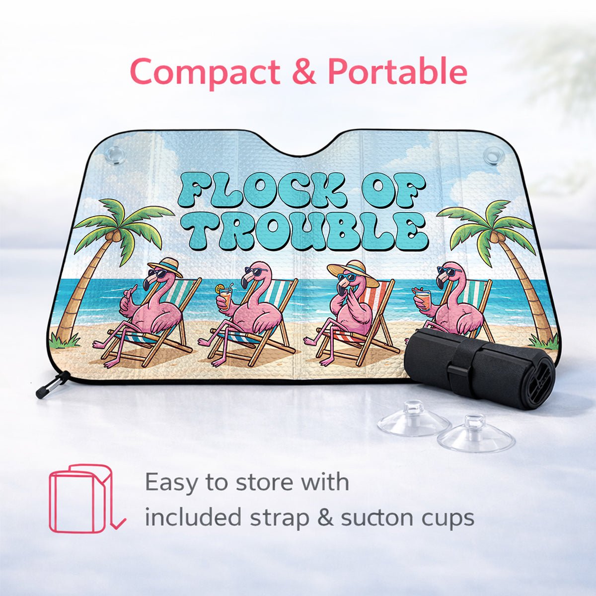 Funny "Flock of Trouble" Flamingo Car Sun Shade - Tropical Auto Windshield Protection - FlamingoAholic