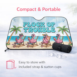 Funny "Flock of Trouble" Flamingo Car Sun Shade - Tropical Auto Windshield Protection - FlamingoAholic