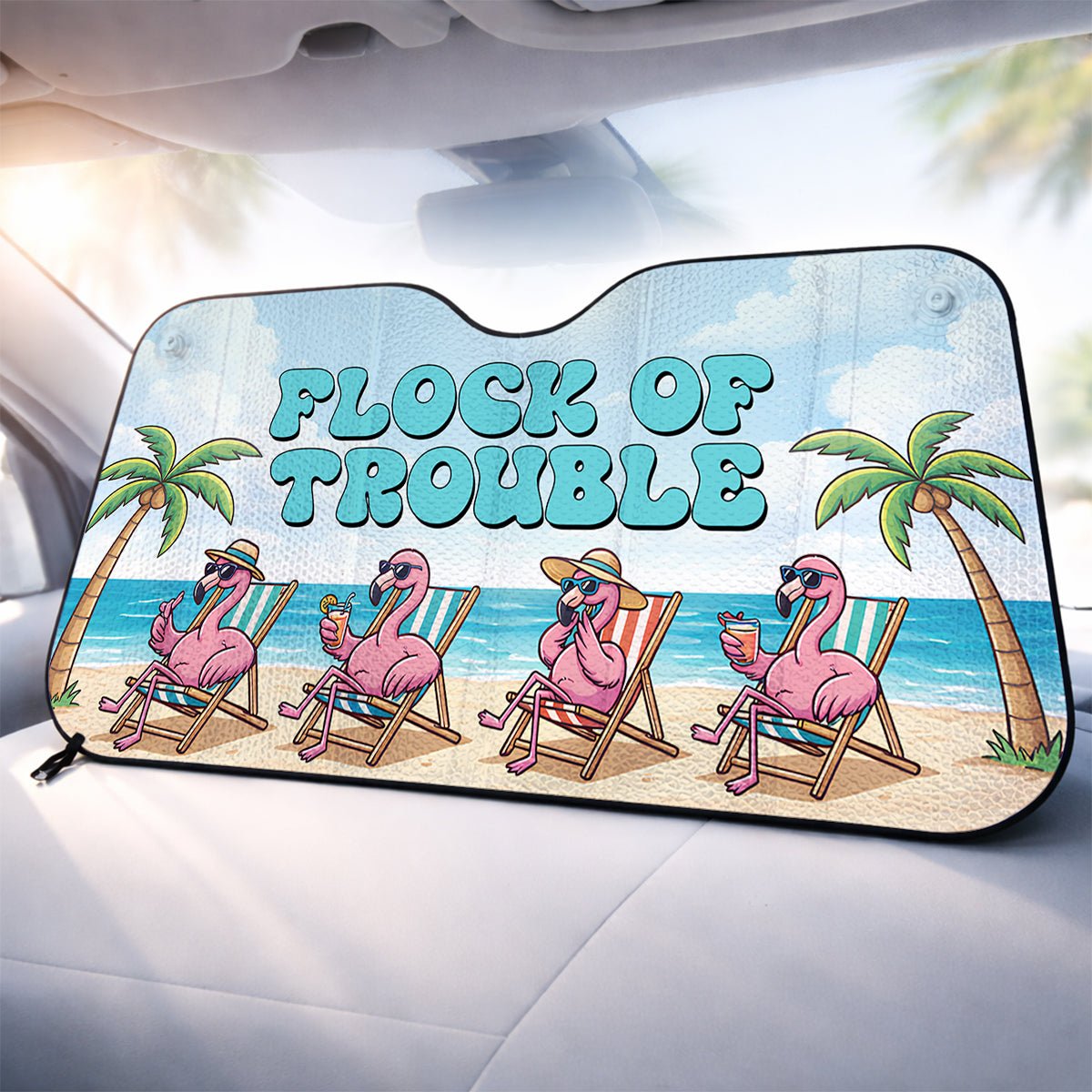 Funny "Flock of Trouble" Flamingo Car Sun Shade - Tropical Auto Windshield Protection - FlamingoAholic