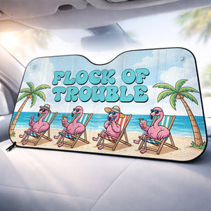 Funny "Flock of Trouble" Flamingo Car Sun Shade - Tropical Auto Windshield Protection - FlamingoAholic