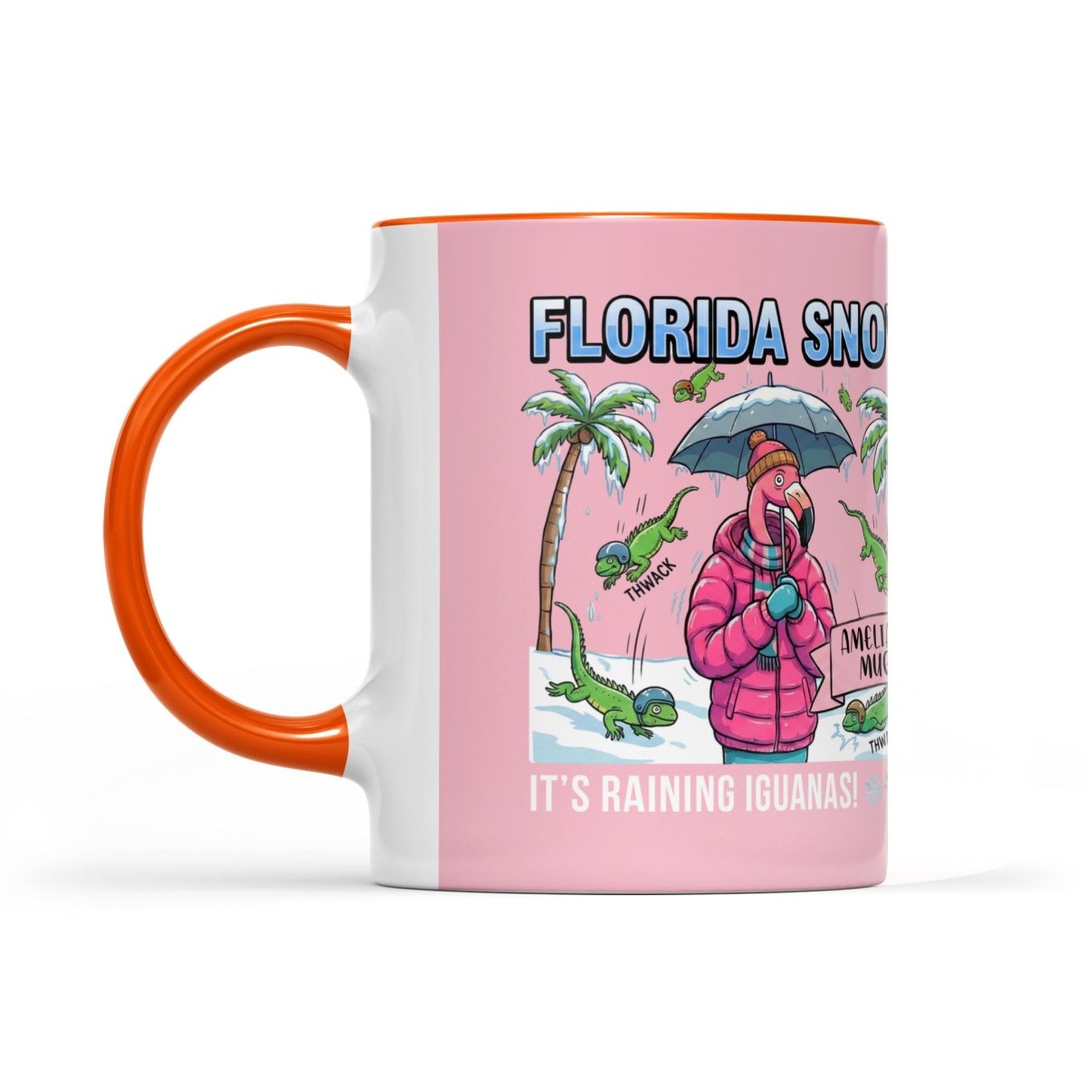 Funny "It's Raining Iguanas" Personalized Flamingo Coffee Mug - Florida Snow Accent Mug - FlamingoAholic