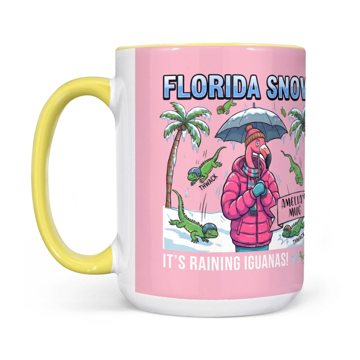 Funny "It's Raining Iguanas" Personalized Flamingo Coffee Mug - Florida Snow Accent Mug - FlamingoAholic