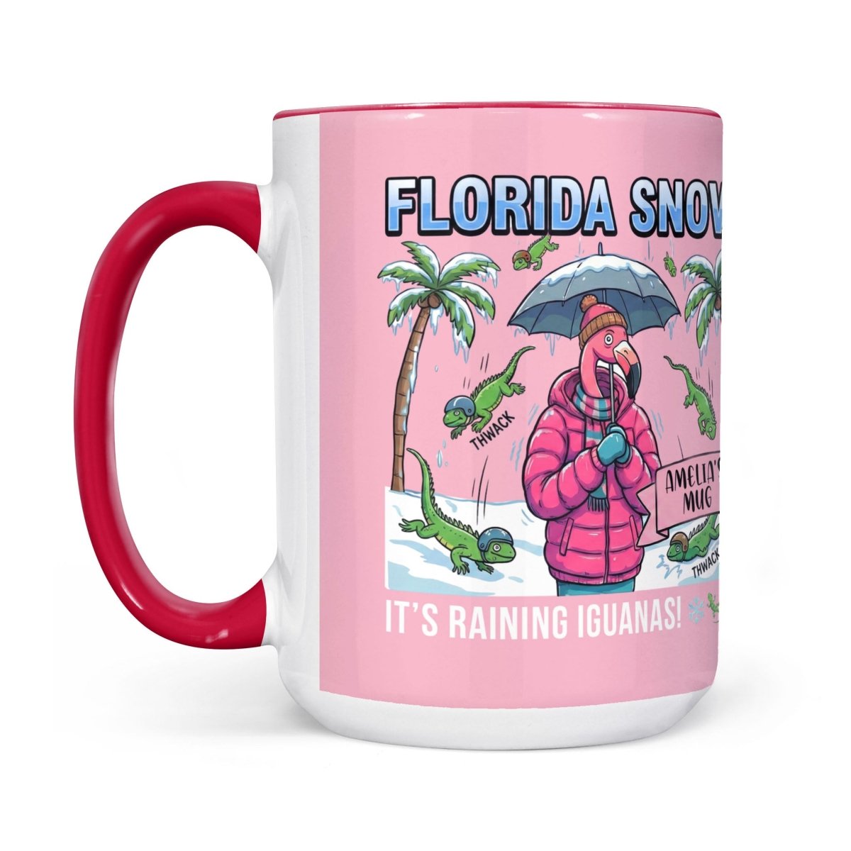 Funny "It's Raining Iguanas" Personalized Flamingo Coffee Mug - Florida Snow Accent Mug - FlamingoAholic