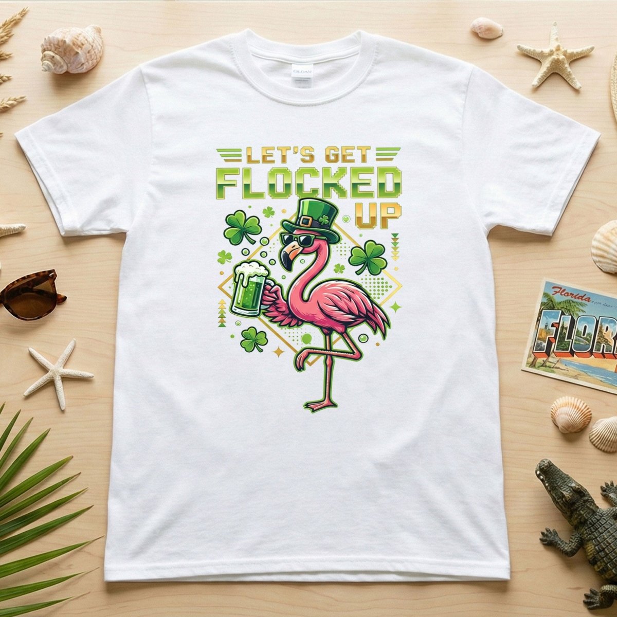 Funny Let's Get Flocked Up St. Patrick's Day Flamingo T-Shirt - Irish Beer Party Tee - FlamingoAholic