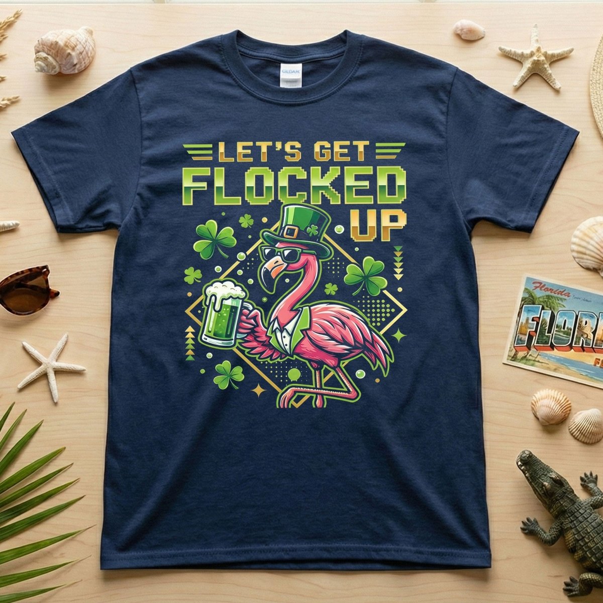 Funny Let's Get Flocked Up St. Patrick's Day Flamingo T-Shirt - Irish Beer Party Tee - FlamingoAholic