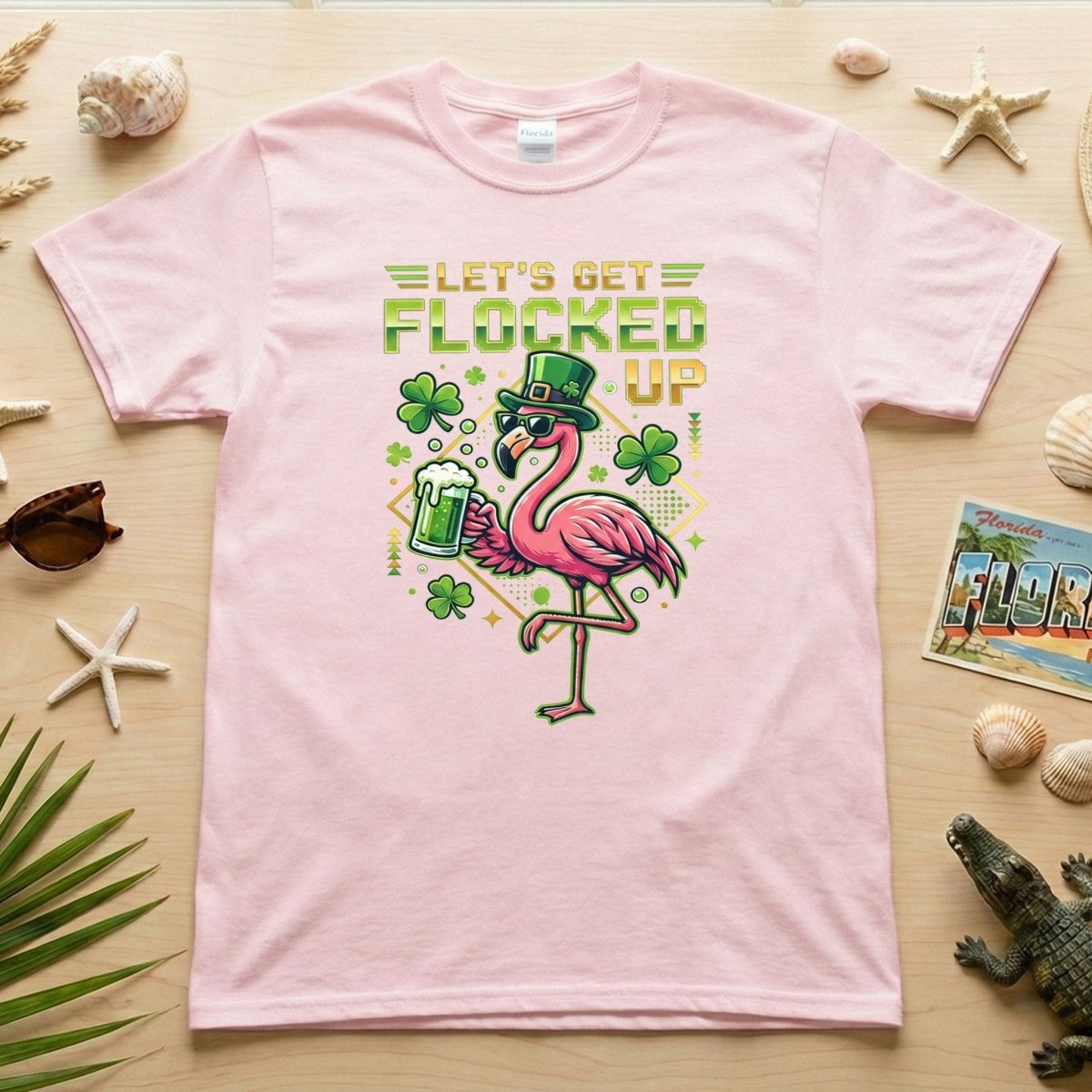 Funny Let's Get Flocked Up St. Patrick's Day Flamingo T-Shirt - Irish Beer Party Tee - FlamingoAholic