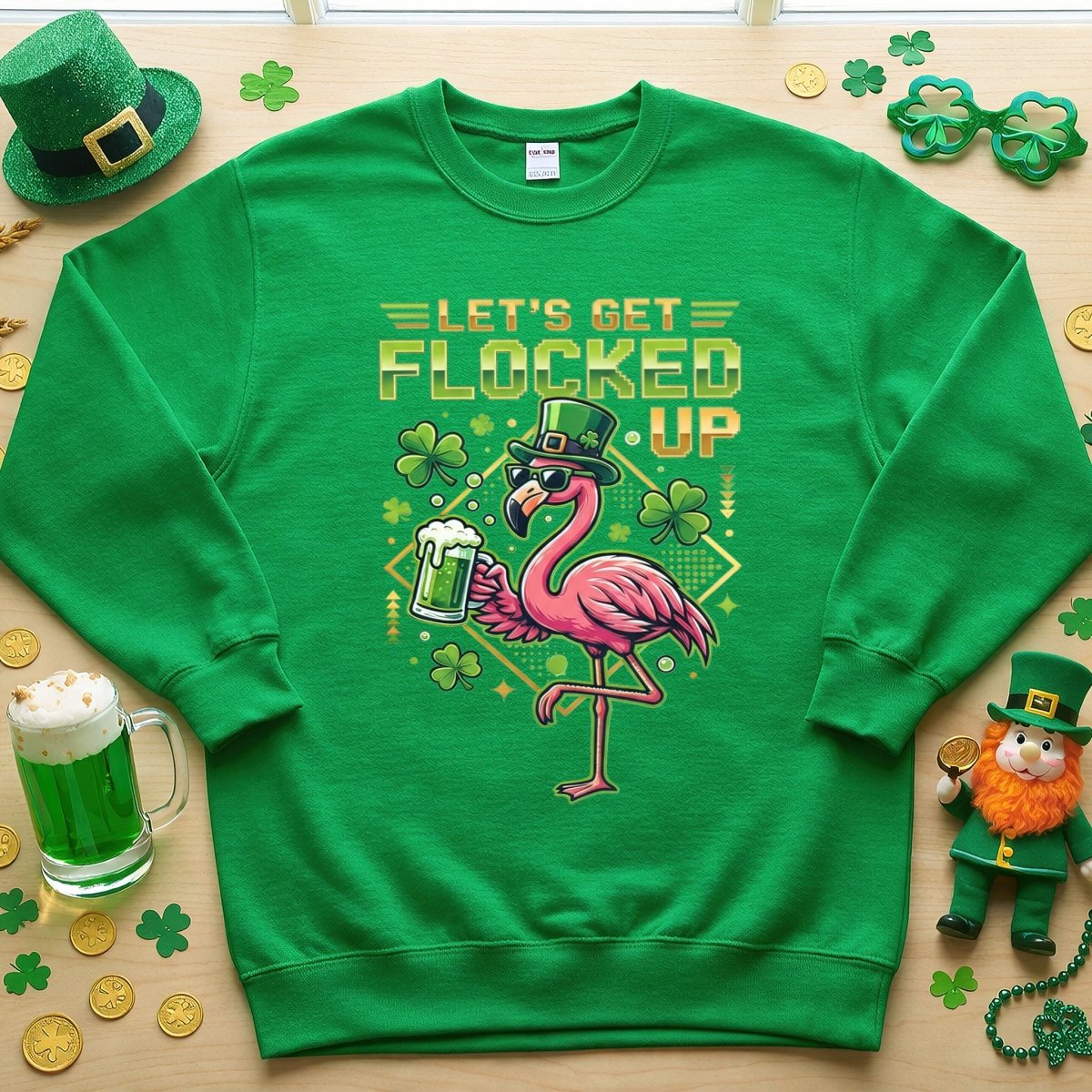 Funny Let's Get Flocked Up St. Patrick's Day Flamingo T-Shirt - Irish Beer Party Tee - FlamingoAholic