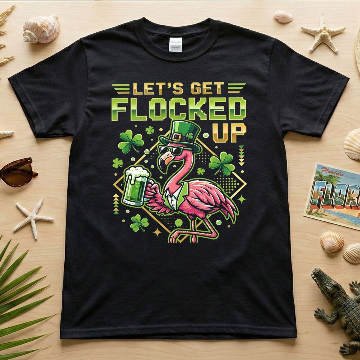 Funny Let's Get Flocked Up St. Patrick's Day Flamingo T-Shirt - Irish Beer Party Tee - FlamingoAholic