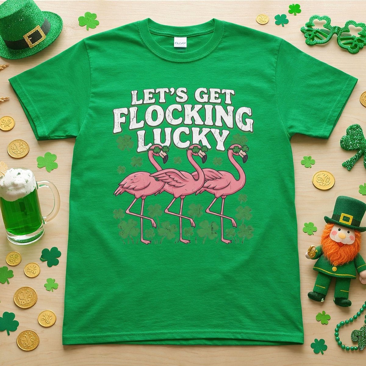 Funny 'Lets Get Flocking Lucky' Flamingo St. Patrick's Day T-Shirt - Festive Irish Women's Tee - FlamingoAholic