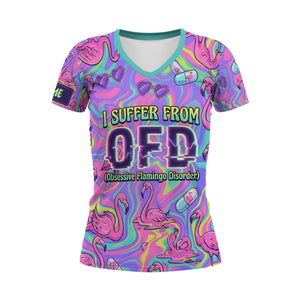 Funny Obsessive Flamingo Disorder (OFD) V - Neck Shirt - Personalized AOP Flamingo Lover Gift - FlamingoAholic